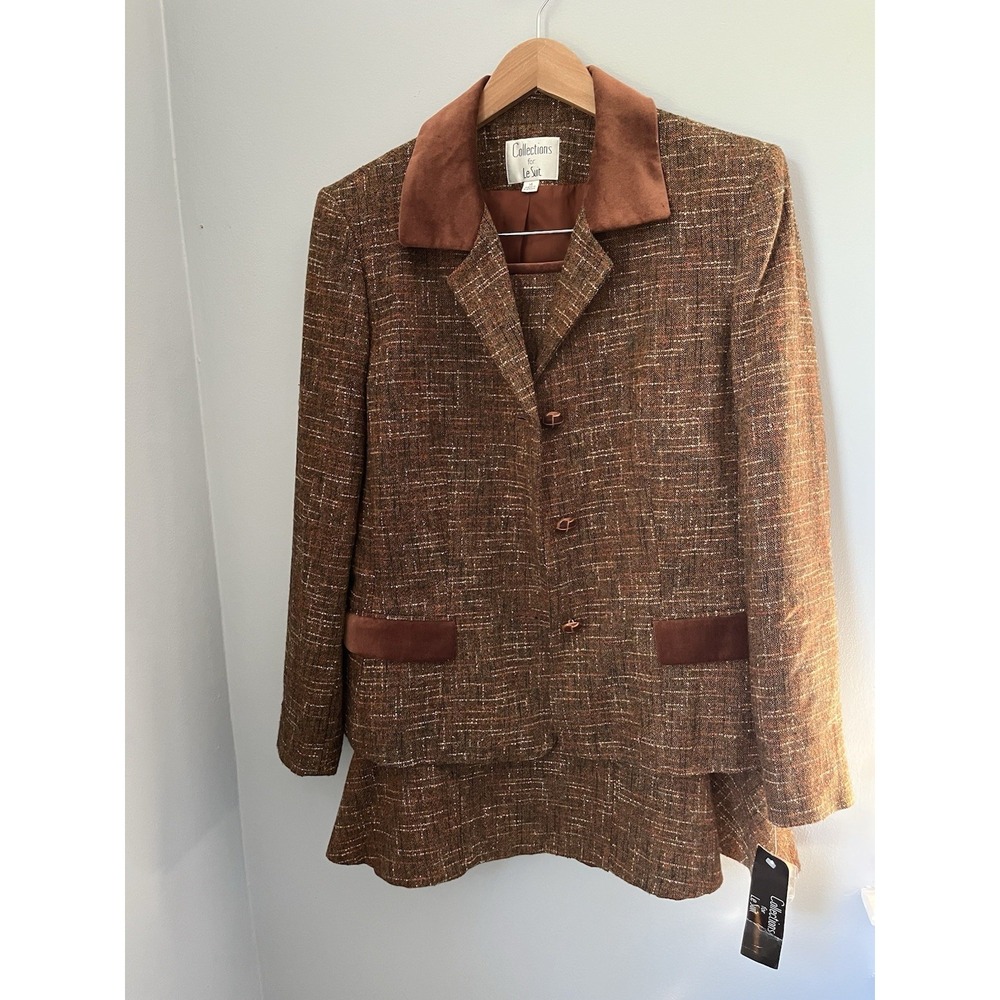 Collections for le Suit Women's Suit Set Size 14 Tweed Brown Cream Blazer/ Skirt